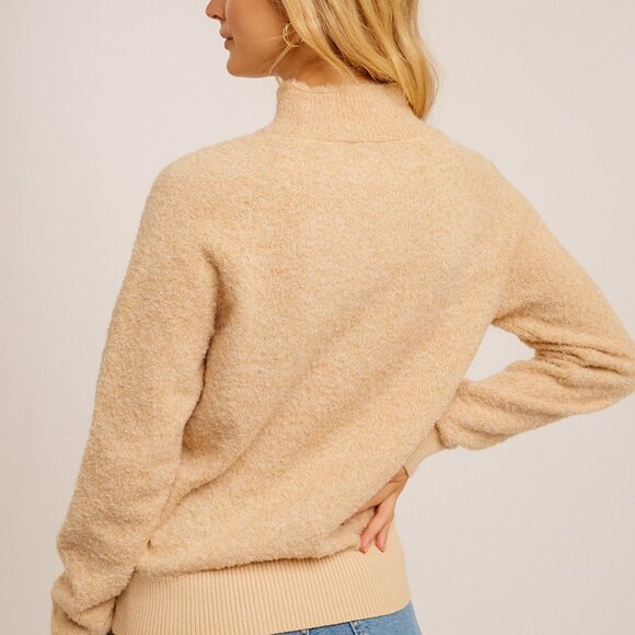 HEM & THREAD Beige Mock Neck Cozy Knit Sweater, Soft Neutral Pullover - Picture 3 of 7